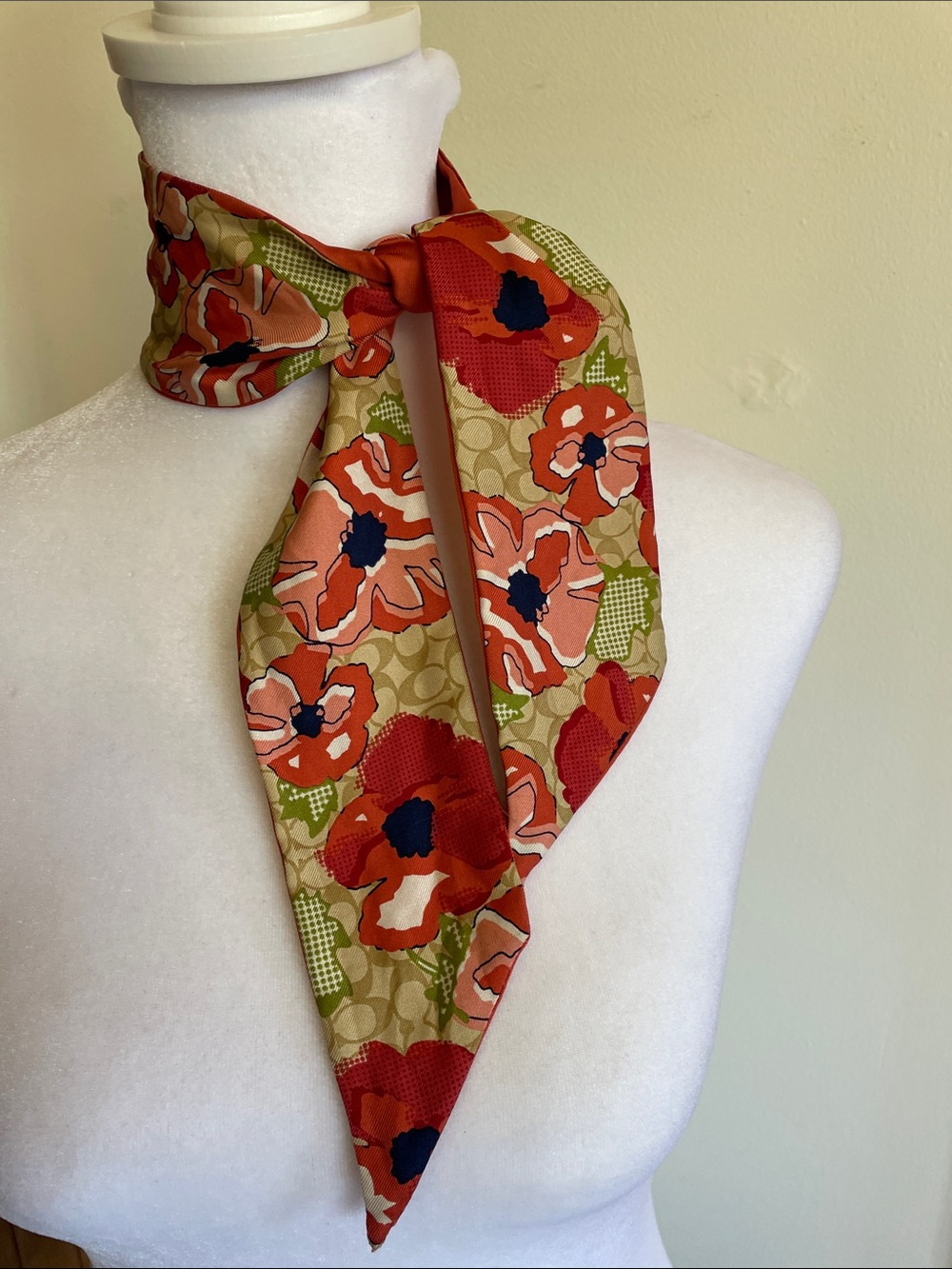 COACH Orange Floral Silk Twilly Skinny Scarf with White Monogram Logo - Picture 4 of 15